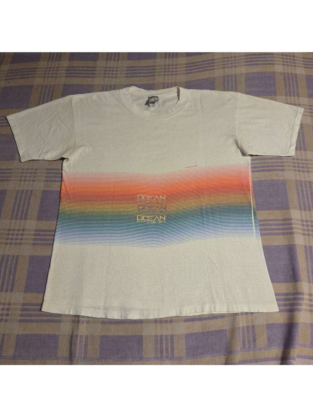 Vintage 90s Ocean Pacific OP Rainbow Striped Single Stitch T Shirt USA Beach
